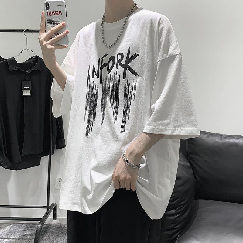 IELGY T-shirt Stile Hong Kong da Uomo a Manica Corta Estiva Larga Casual Stile Coreano di Tendenza Selvaggia Hip-hop Top Abbigliamento a Manica a Cinque Punti