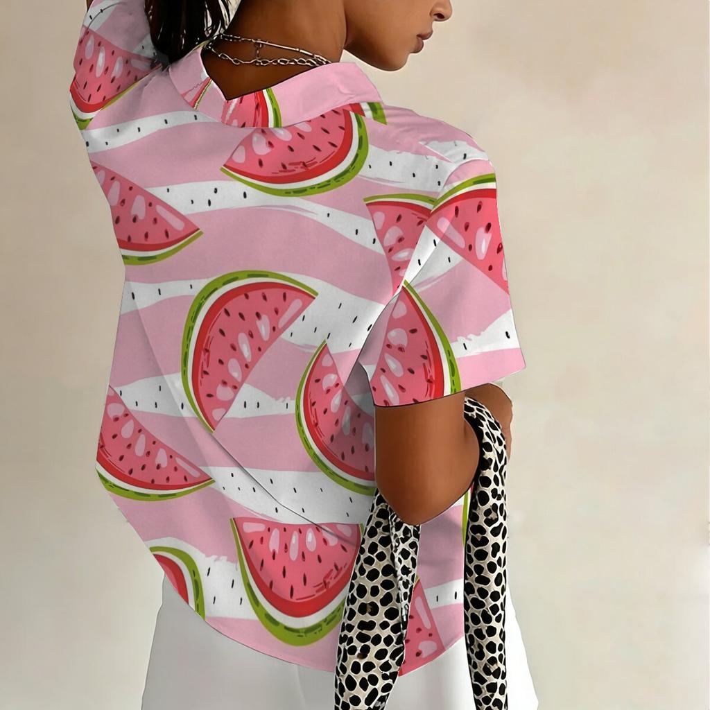 Plus-size watermelon print short-sleeved women's shirt, loose fit, slimming, casual summer top.