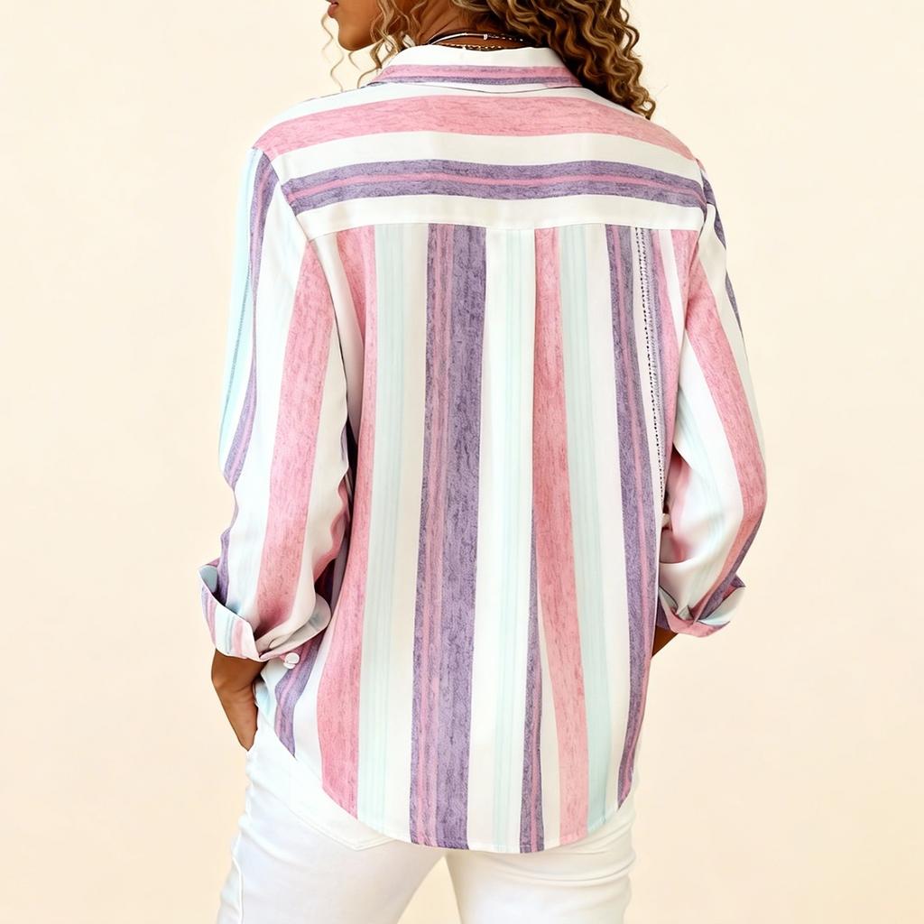 Dames Moteable Casual Fargerik Stripet Fargeblokkert Skjorte