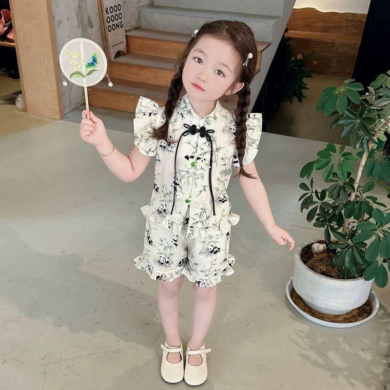 Girls Chinese Summer Outfit with Panda Print Short Sleeve Hanfu Set for Toddlers and Kids 100