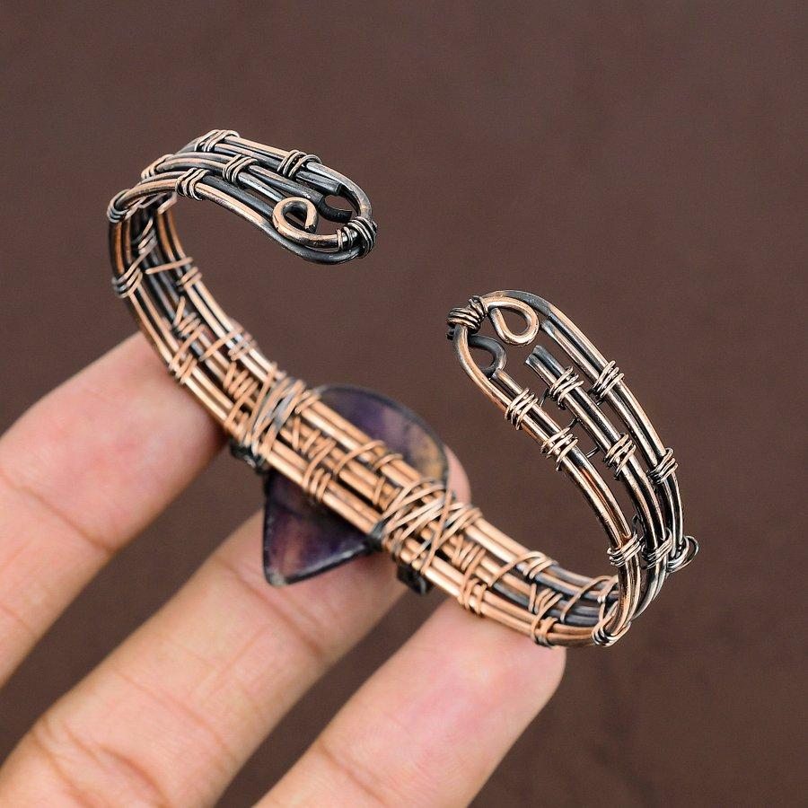 Natural Fluorite Gemstone Handmade Copper Wire Wrap Cuff Bangle Adjustable G9r78