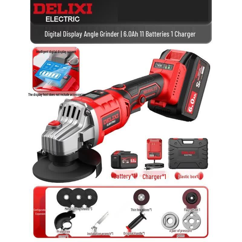 DELIXI High Power Digital Brushless Lithium Angle Grinder CN plug (adapter included)