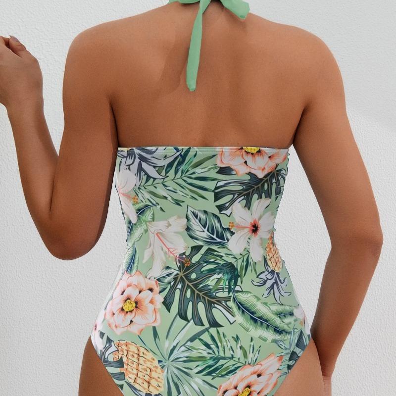 New printed lace-up halter high-waisted one-piece sexy bikini swimsuit swimsuit women