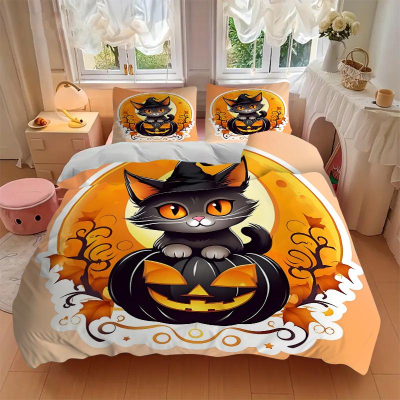 3pcs Black Pumpkin and Cat Quilt Cover Set - Soft & Comfortable Polyester Fabric, All-Season Breathable Comforter Set For 1 Quilt Cover & 2 Pillo