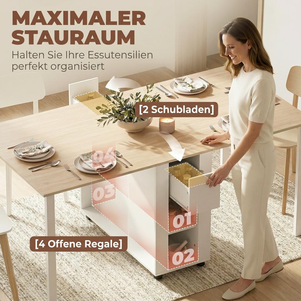 Folding Table for 6 People, 168 cm Large Extendable Dining Table with 2 Drawers & 4 Storage Compartments