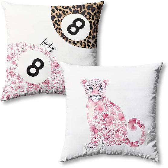 Trendy Funky Cheetah Pink Y2K Luck 8 Ball Pillow Covers 18x18 Set of 2,Pink Leopard Decorative Pillowcases,Cheetah Throw Pillow Covers for Couch Sofa