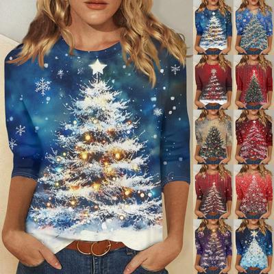 Women's Fashion Casual Seven Sleeve Christmas Printed Round Neck T-Shirt Top