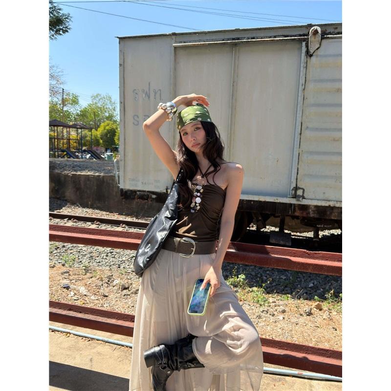Hand-sewn Beaded Ruched Halter Tie High-stretch Tube Top