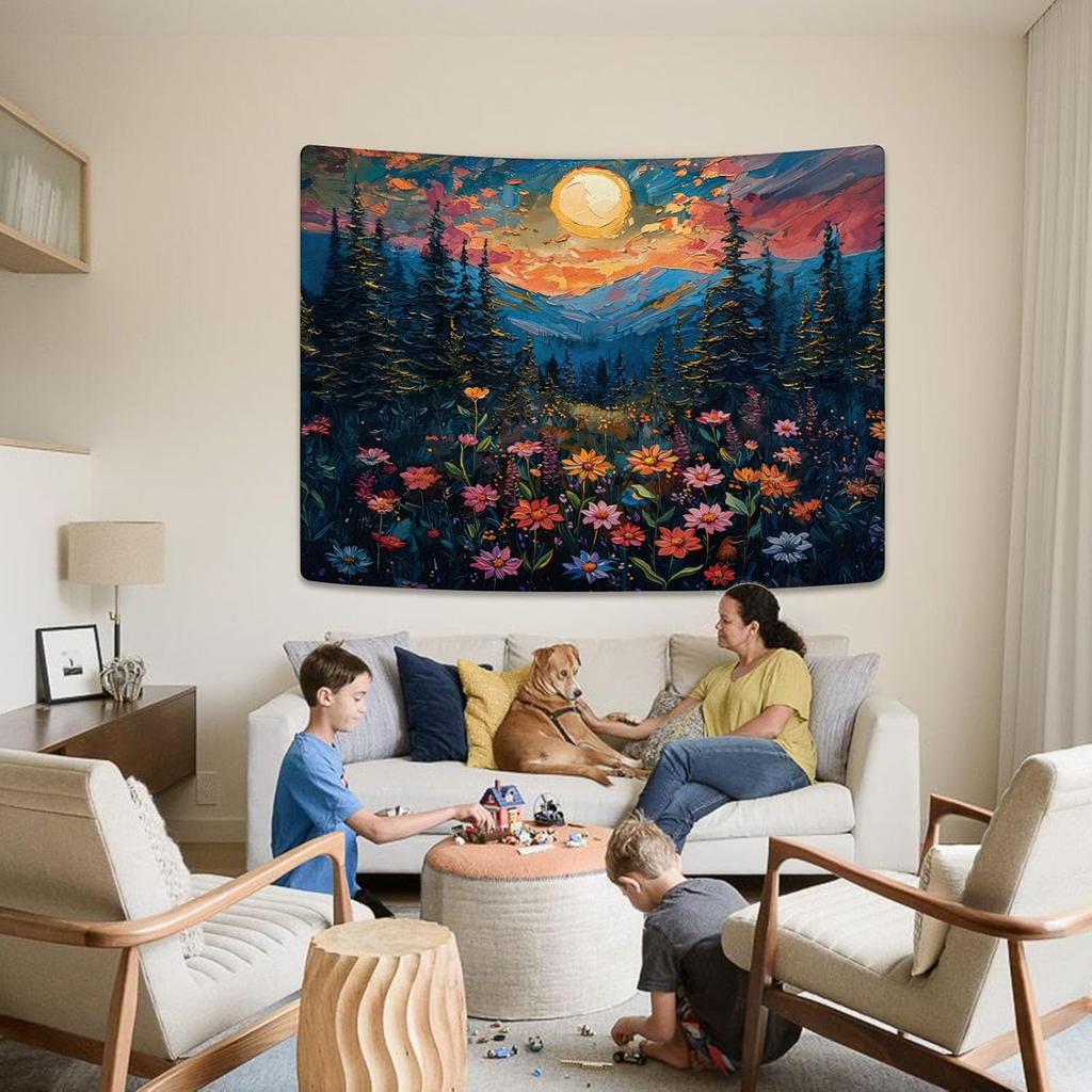 Kampdream Landscape Tapestry, Scenery Art Wall Tapestries, Nature Wall Decor for Bedroom Living Room Backdrop Sunset Wildflowers 36×48 Inches