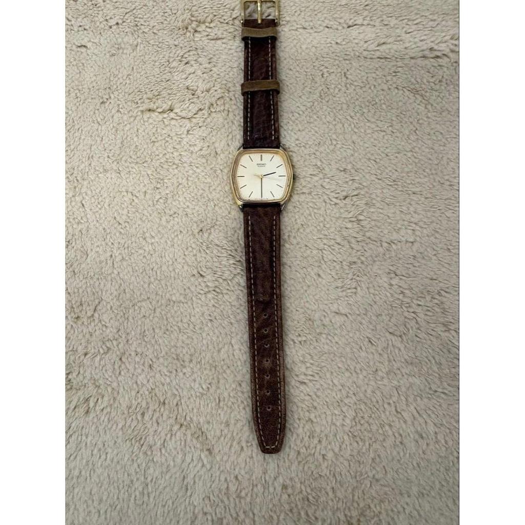 Used SALE SEIKO Quartz Watch Gold Square Brown Leather Strap