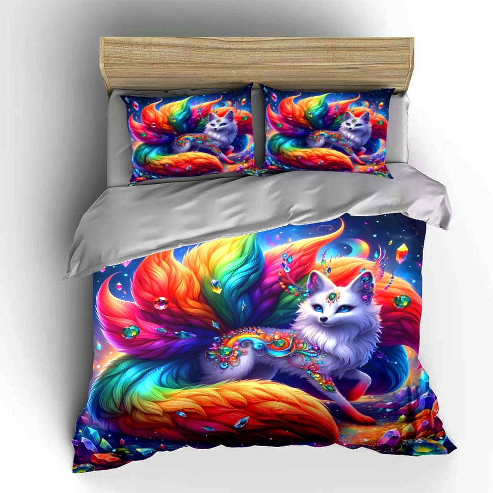 Vibrant Fox with Gemstone Adornments Print Bedding Set 1 Duvet Cover 2 Pillowcases for Adult and Children Luxury Gift Full Size