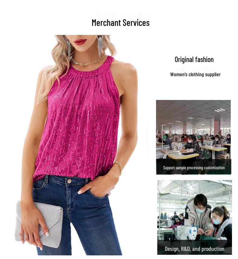 2024 Summer Sequin Halter Vest: Women's Sexy Solid Color Micro-Elastic Camisole