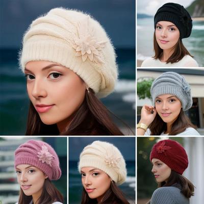Lady Flower Beret Hat Vintage French Style Wool Beret Hat Double Layer