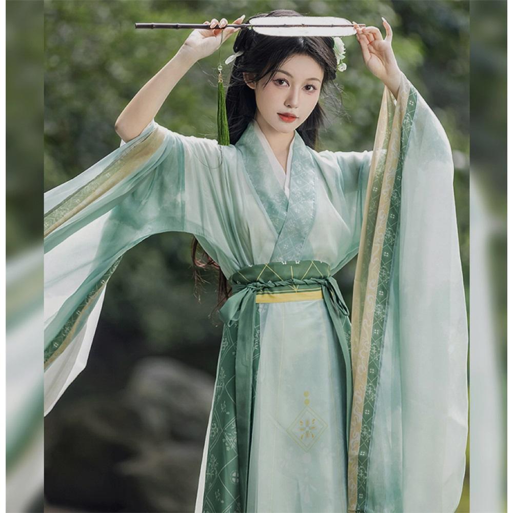 Hanfu de style chinois pour femmes des dynasties Wei et Jin, col croisé, manches larges, costume jupe une pièce