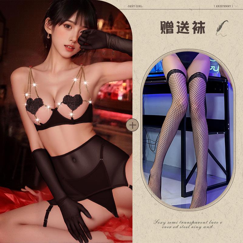 Sex underwear women's love chain hollow perspective temptation mesh bed teasing abstinence soul set