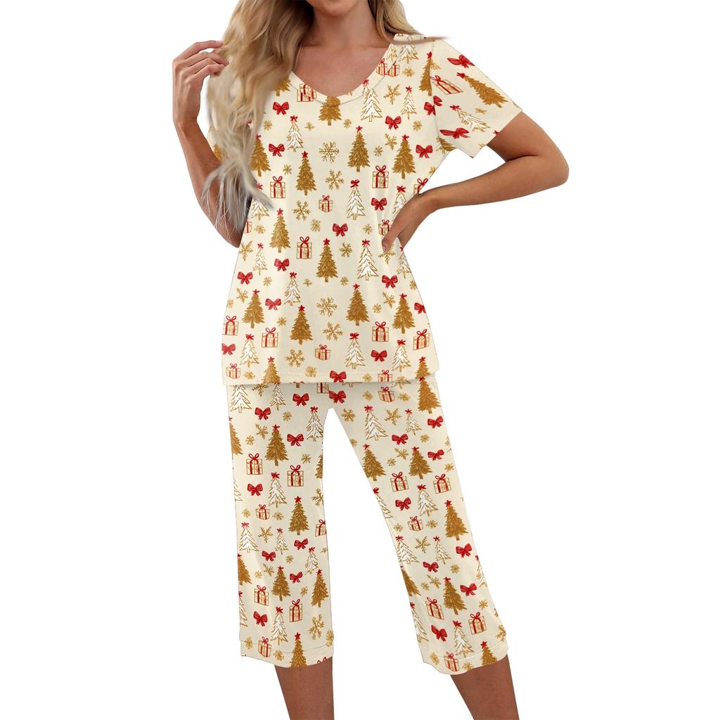 Women's Casual Two Piece Outfit Set Christmas Print Short Sleeve Pants