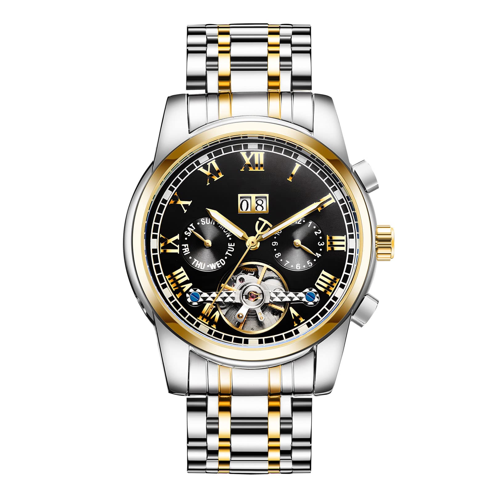 

RORIOS Men s Automatic Tourbillon Watch, Luminous, Date & Day Display, Stainless Steel Band, Waterproof, Gold.