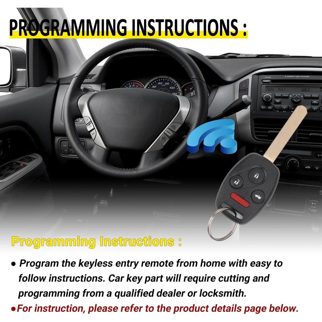 Keyless Entry Remote Control Uncut Car Ignition Key Fob Compatible with Honda Accord 2003-2007, Replacement for OUCG8D-380H-A, 4 Button