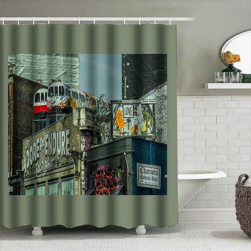 Vintage Graffiti Shower Curtain Urban Art Cityscape Backdrop Bathroom Decor Wall Hanging Wall Art Modern Aesthetic Home Decor