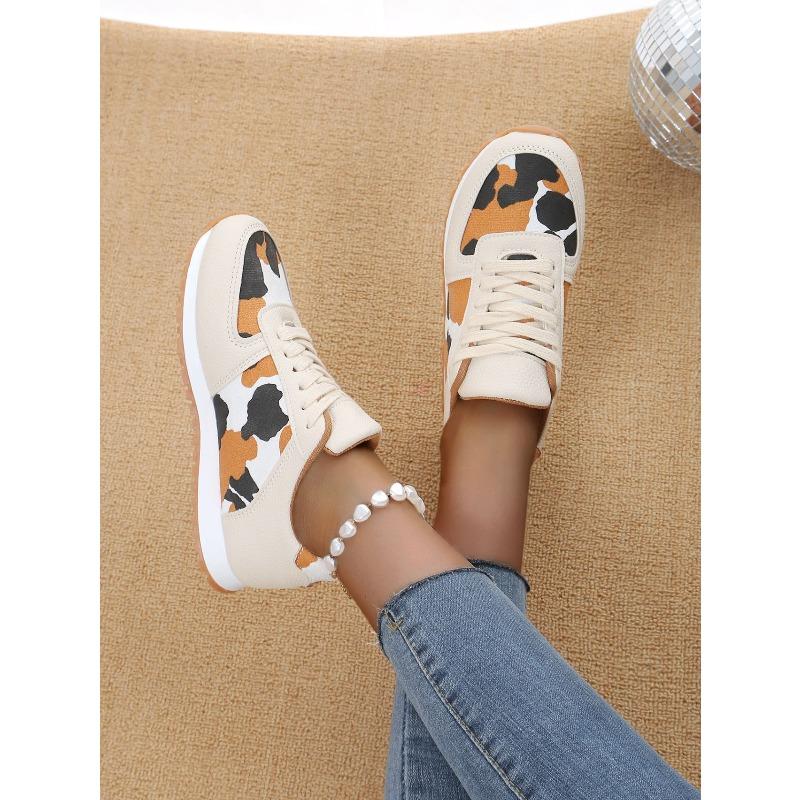 Leopard Print Casual Single Shoes Round Toe Platform Color-Block Low Top Sneakers