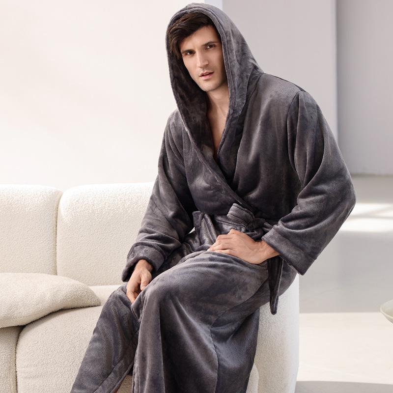 Men's Ultra-Long Ankle Velvet Robe Thickened Flannel Hat Bathrobe Coral Fleece Sleepwear Comfortable Casual Home Wear