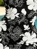 Vibrant Black Base with White Hibiscus Floral Print Bodycon Mini Dress, Form-Fitting Round Neck Summer Beach Dress