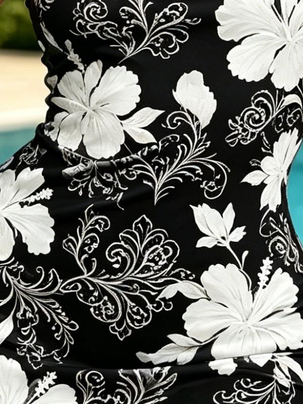 Vibrant Black Base with White Hibiscus Floral Print Bodycon Mini Dress, Form-Fitting Round Neck Summer Beach Dress