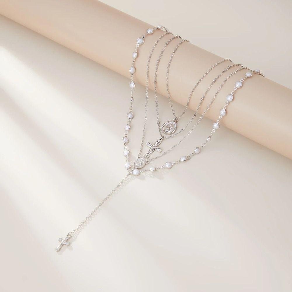 Multilayer Cross Pendant Necklace Stacked Up Clavicle Chain Imitation Pearl Necklace  Gift