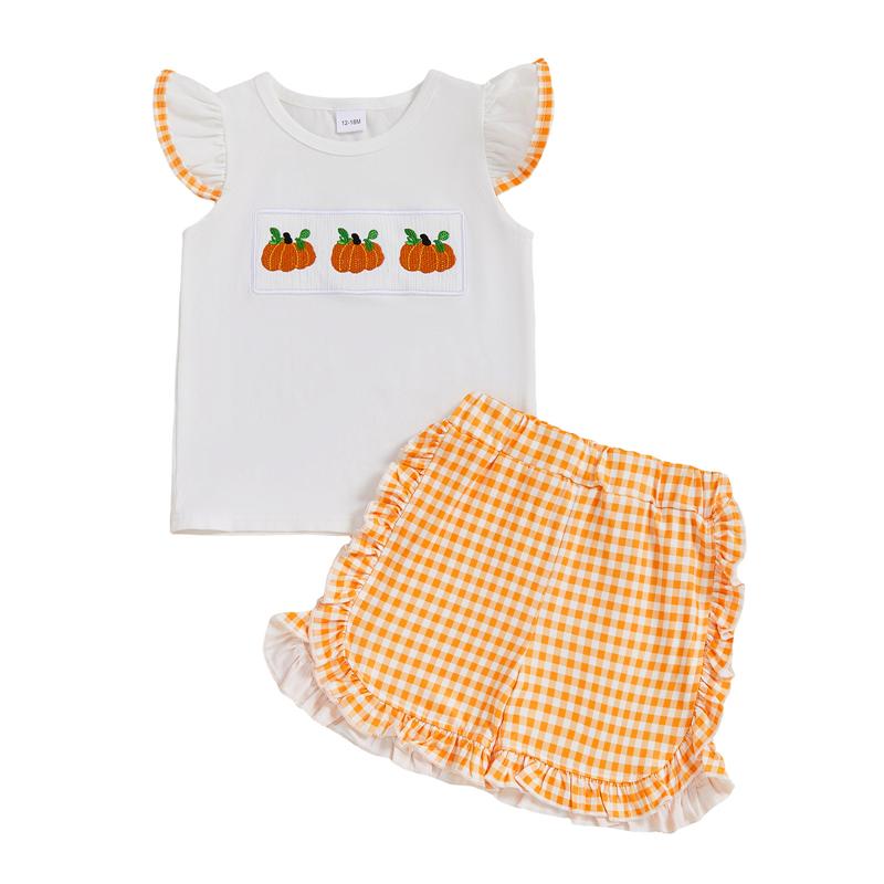 

Girl 2Pcs Halloween Outfits Pumpkin Embroidery Flying Sleeve Round Neck Tops and Ruffled Plaid Shorts Set 3-4Y белый