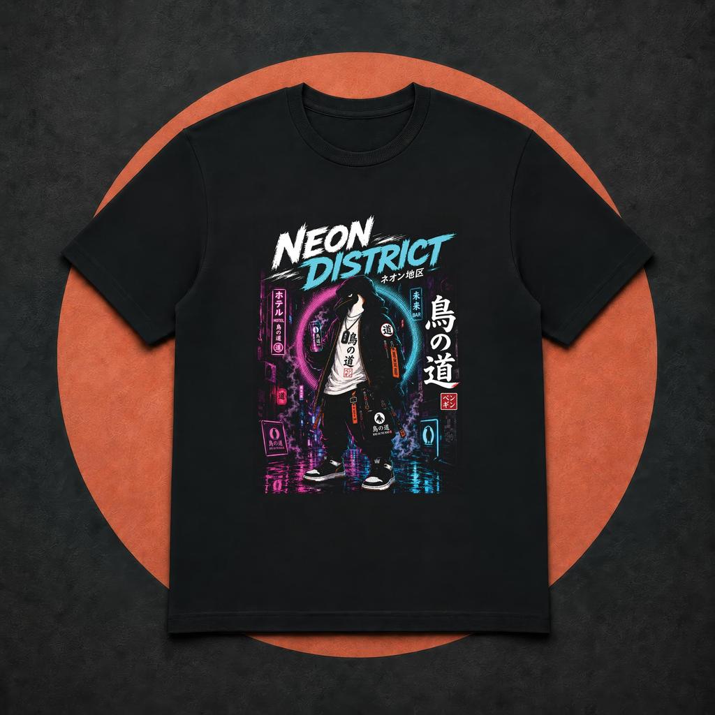 Cyberpunk Techwear T-Shirt, Neon Tokyo Japanese Anime Streetwear Tee, Futuristic City Penguin Graphic Shirt, Unisex Oversized
