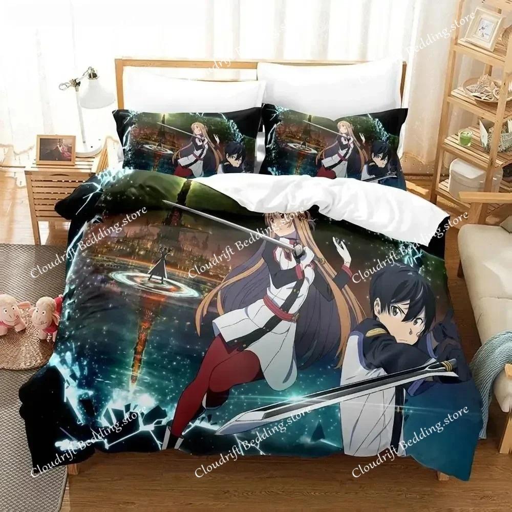 Sword Art Online Bettwäsche-Set 3D Anime-Druck Polyester Bettbezug Kissenbezüge Queen King für Kinder Geschenk Anime Bettbezug-Sets