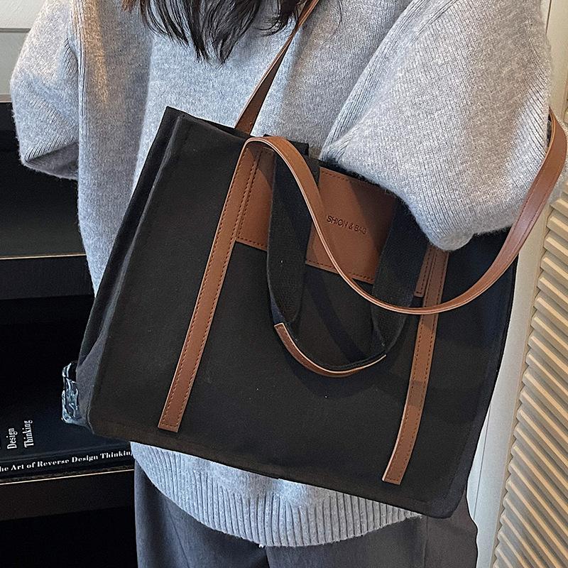Casual Large-capacity Women's 2025 Winter New Shopping Bag Korean Version Color Matching Fashion Simple Canvas Women's Shoulder Tote Bag