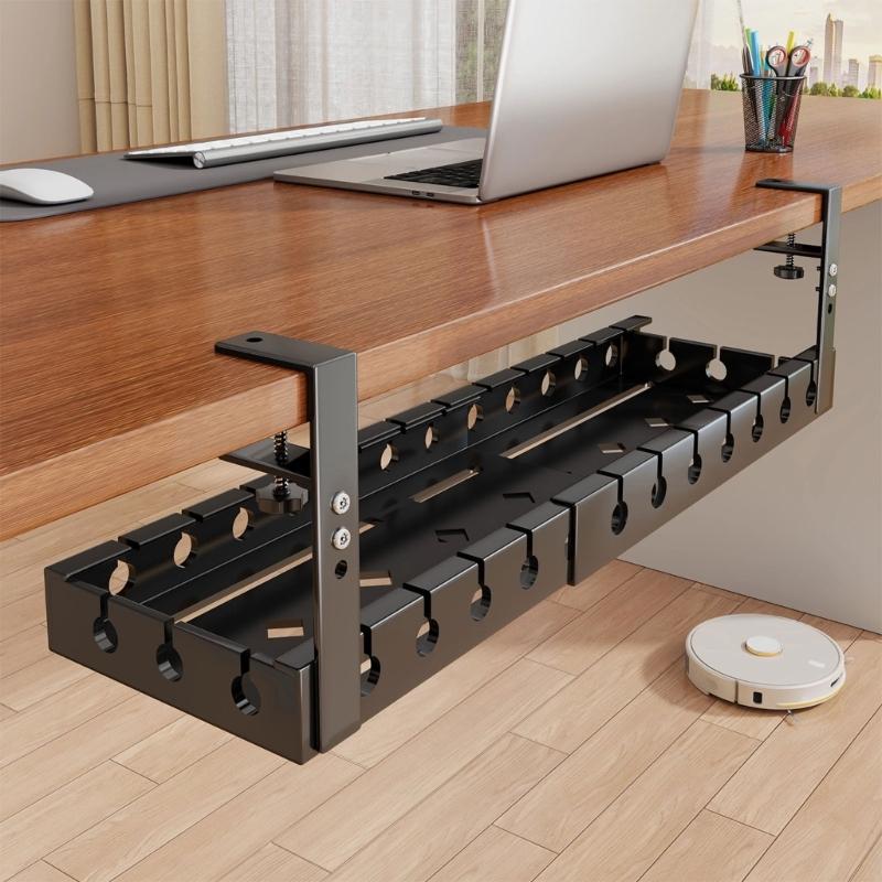 Under-Desk Cable Management Tray in Carbon Steel with Two Edge Clamps and Open Access, Extendable Power Strips Cord Holder for Stored Power