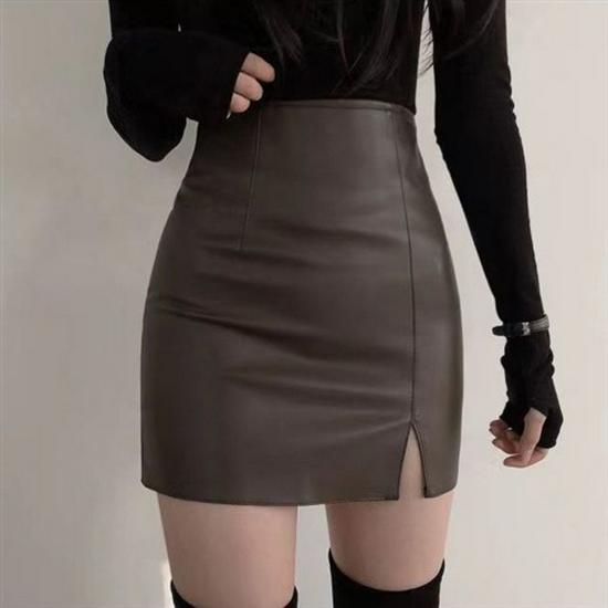 Women's Black High-Waist Bodycon Midi Skirt with Slit - Sexy Leather Pencil Skirt for Autumn/Winter