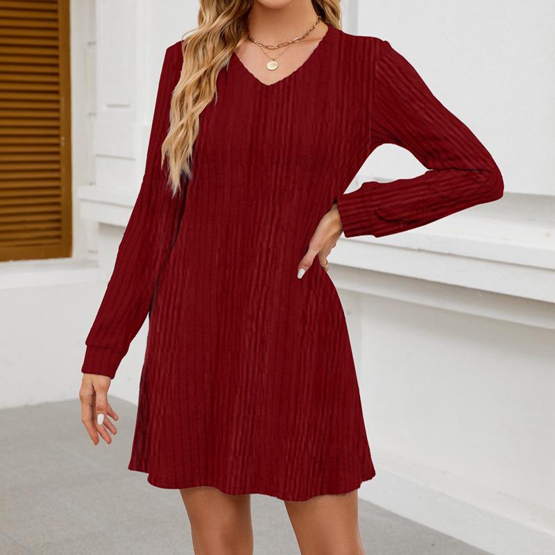 Brushed Ribbed Midi Dress - V-Neck Pocket Long Sleeve