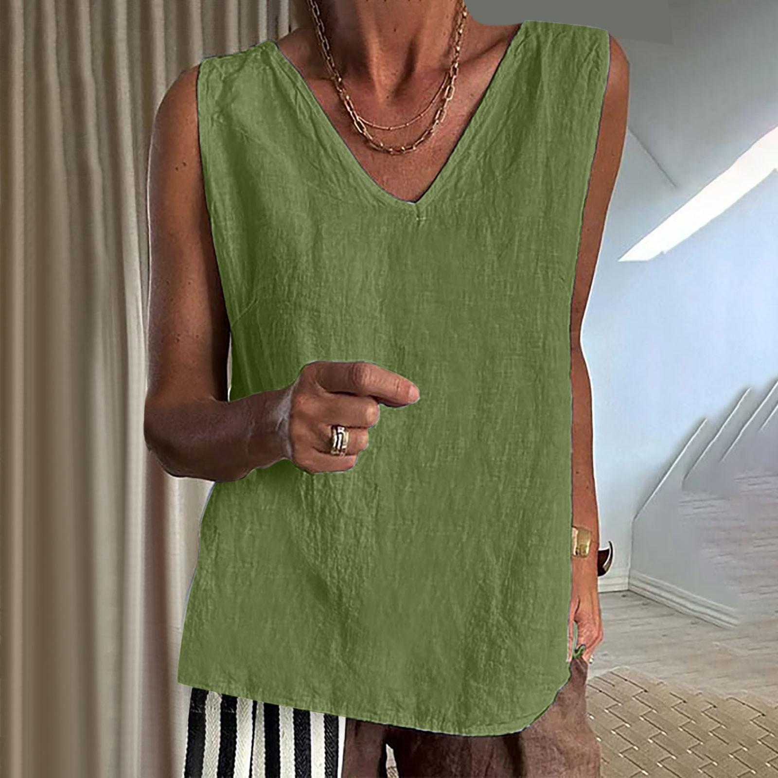 

Женская хлопковая льняная майка с высоким воротом, повседневная, с V-образным вырезом, однотонная, без рукавов, летняя базовая хлопковая футболка без рукавов, Ropa De Mujer 2XL