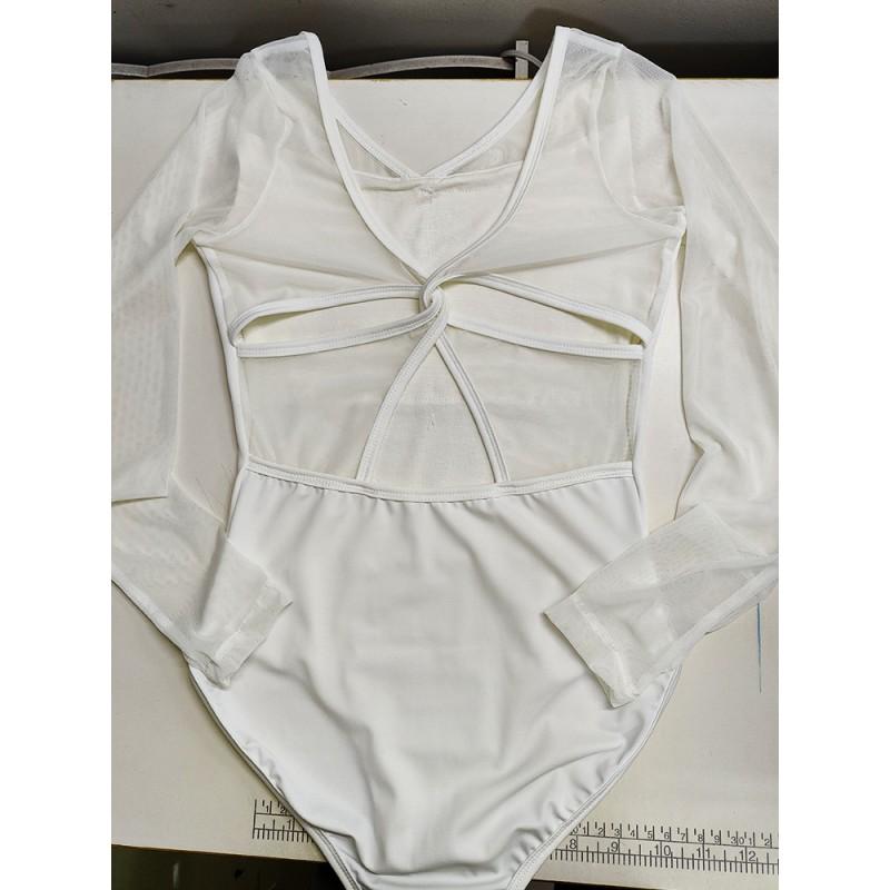 Womens Sheer Mesh Long Sleeve Leotard With U-Back Cross Straps Ballet Contemporary Dance Aerial Yoga Training