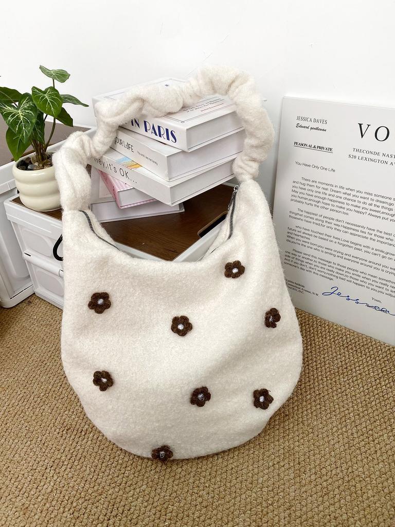 Fashion Three-dimensional Flower Plush Women's Shoulder Bags Drawstring Ladies Crossbody Bag Large Capacity Female Tote Bag