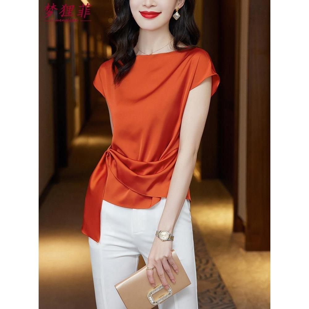 High-end Short Sleeved Blouse for Women Summer Chiffon Satin Top Elegant Stylish Shirt for the Summer