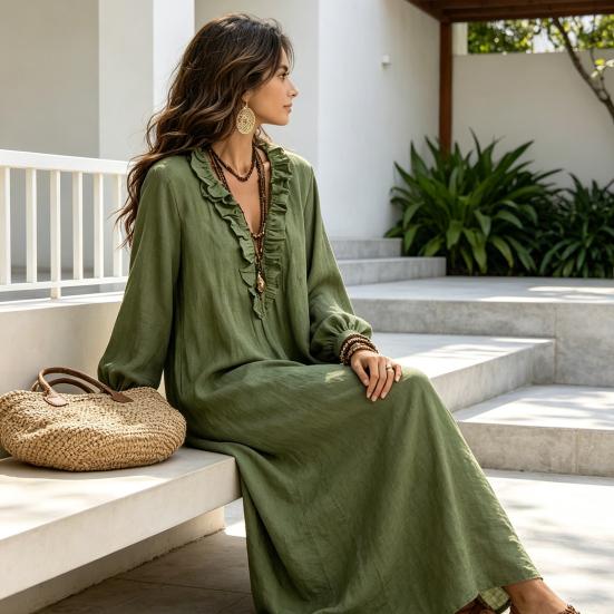 Effen Kleur Jurken Dames Ruches V-hals Lange Jurk, Losse Pasvorm Casual Midi Halslijn Mouwen Jurk voor Lente Herfst