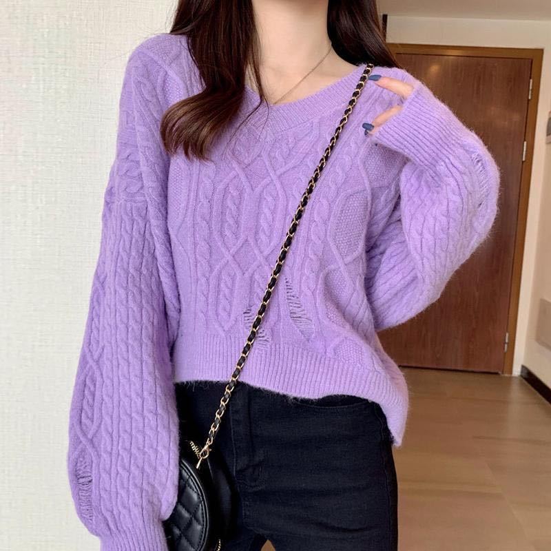 WTEMPO V-neck Cropped Pullover Sweater Women Simple Twist Sweaters For Women Solid Color Basic Long Sleeve Autumn Clothes