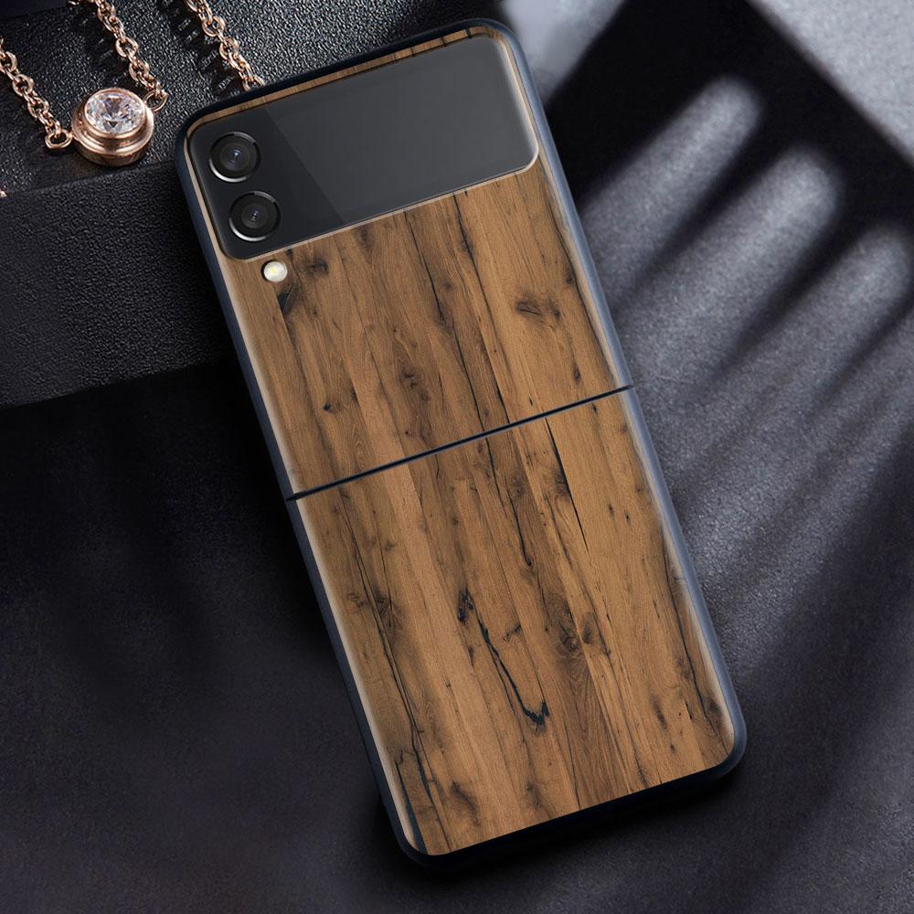 Skládací pouzdro pro Samsung Z Flip 3 Shell pro Galaxy Z Flip3 Hard Capa For ZFlip 3 silikonový kryt telefonu dřevěný