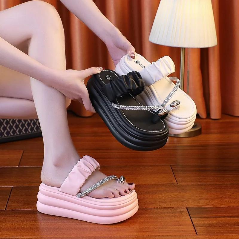 Fashion Women Summer Bling Chunky Slippers High Platform Flip Flops 7.5CM Wedge Heels Slides Sweet Girl Sandals Open Toe Beach Slippers