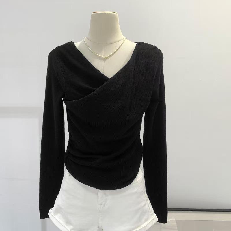 

Шикарный свитер с отложным воротником, плиссированным косым воротником, приталенный, с длинным рукавом, женский, дизайн в нежном стиле для начала осени 2XL/135-150 чёрный