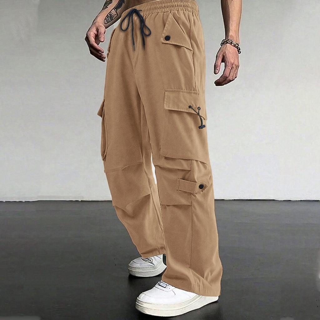 Men's Loose Casual Multi-pocket Work Pants, Youth Stretch Waist Drawstring  Pants
