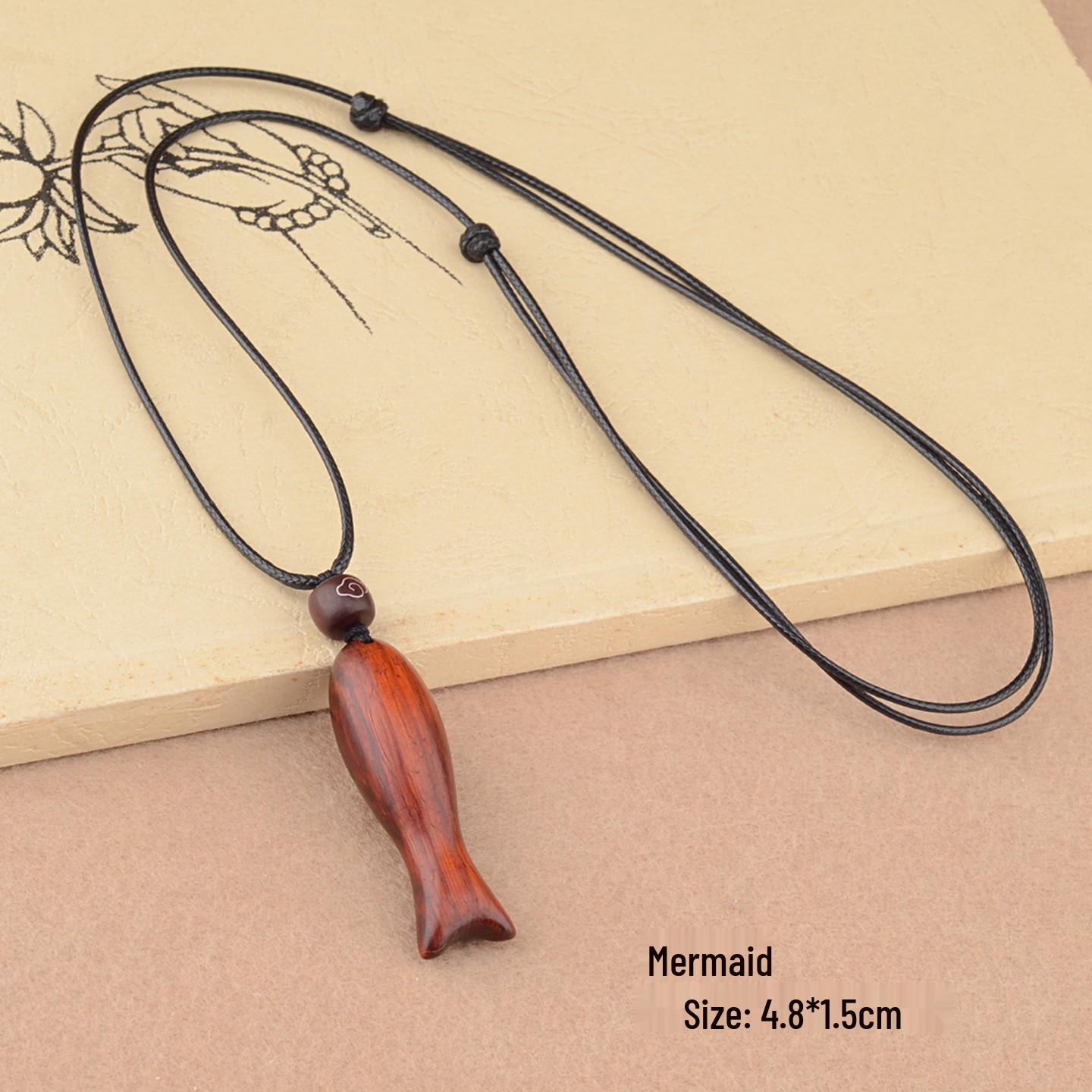 Artistic Rosewood Mermaid Pendant Necklace with Fish Charm