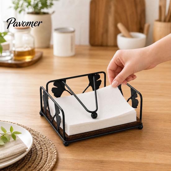 Rustic Napkin Holder Holder, with Anti-Slip Wooden Base And Weighted Arm, Smooth Stable Dispenser Access Square Iron Stand, for Restaurants