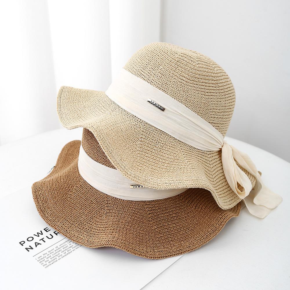 Women's Foldable Fisherman Sun Hat Breathable Sun Protection Wide Brim with Bow Ribbon Fashion Summer Beach Travel Korean Style