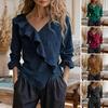 Women Tops V Neck Long Sleeve Ruffle Design Solid Color Commuter Blouse Loose Fit Work Party Casual Tops Daily Wear