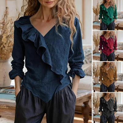 Tops para Mujer Cuello en V Manga Larga Diseño de Volantes Color Sólido Blusa de Commuter Corte Holgado Trabajo Fiesta Tops Casuales Ropa Diaria